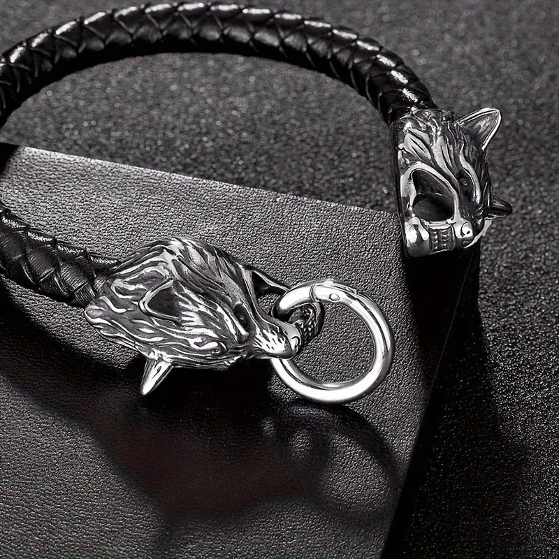 Viking Leather Bracelet with Wolf Heads