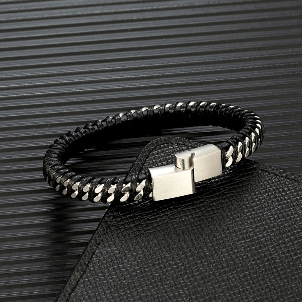 Woven Black Leather Bracelets with Stainless Steel Links