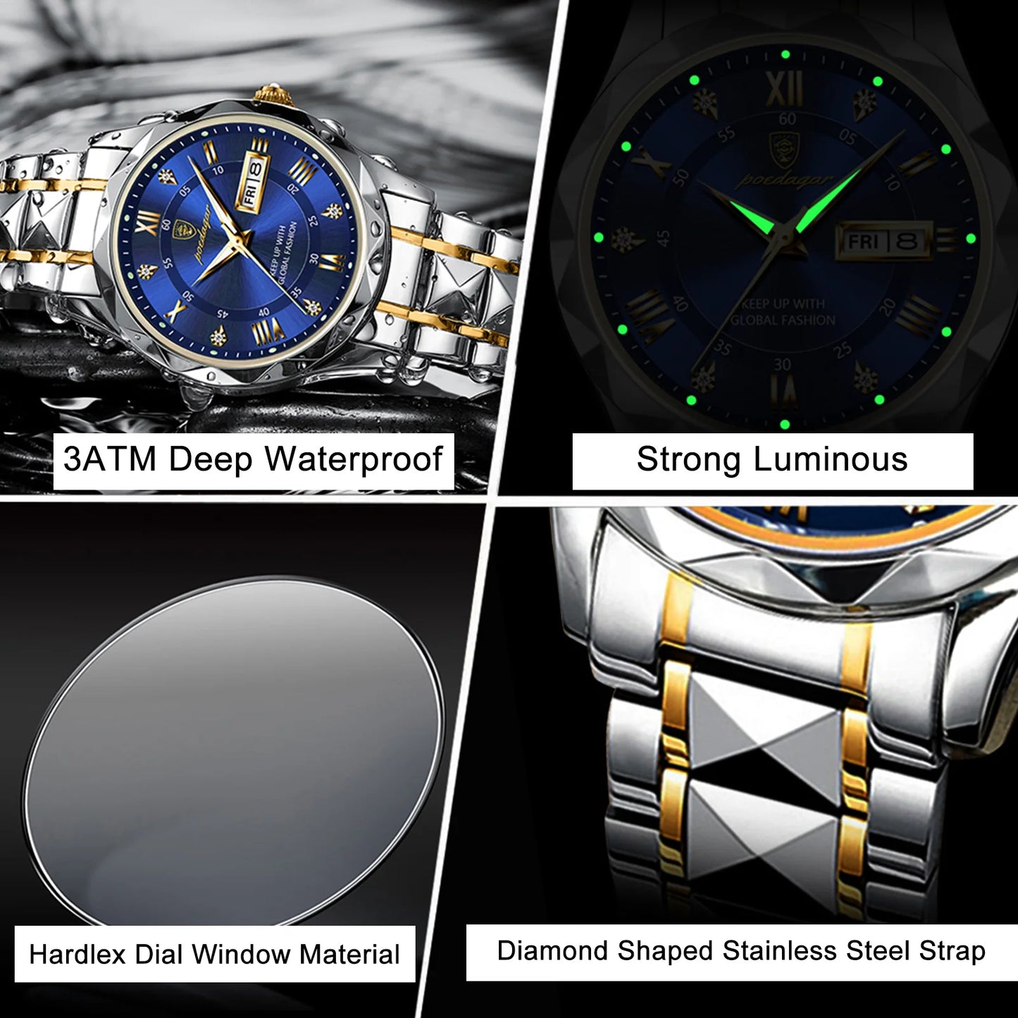 Luminous Steel & Quartz Water Resistant Watch