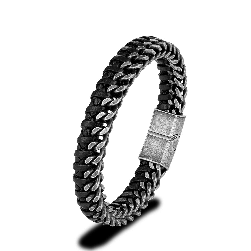 Woven Black Leather Bracelets with Stainless Steel Links