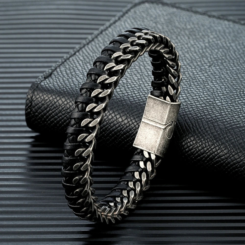 Woven Black Leather Bracelets with Stainless Steel Links