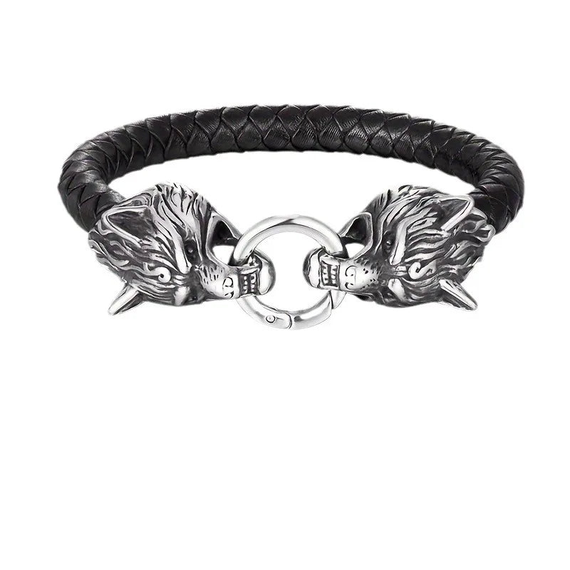 Viking Leather Bracelet with Wolf Heads