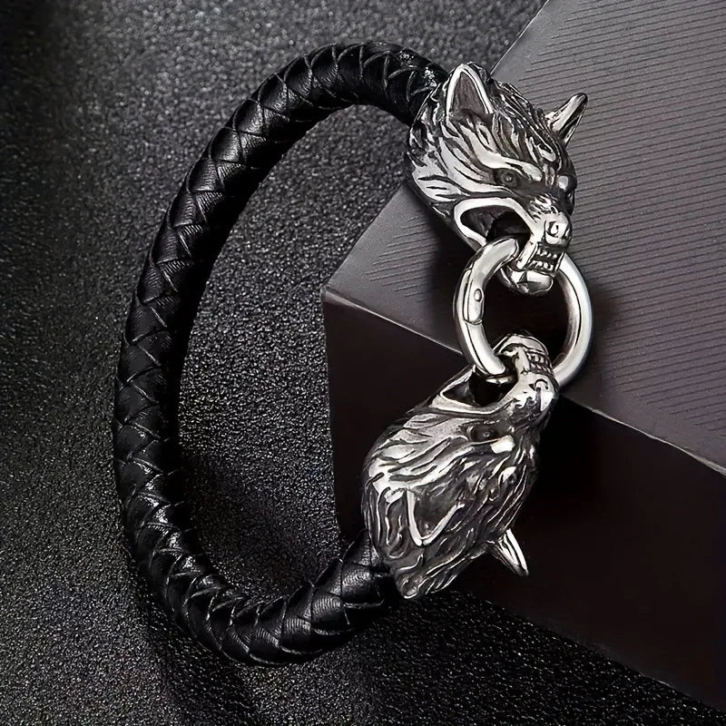 Viking Leather Bracelet with Wolf Heads