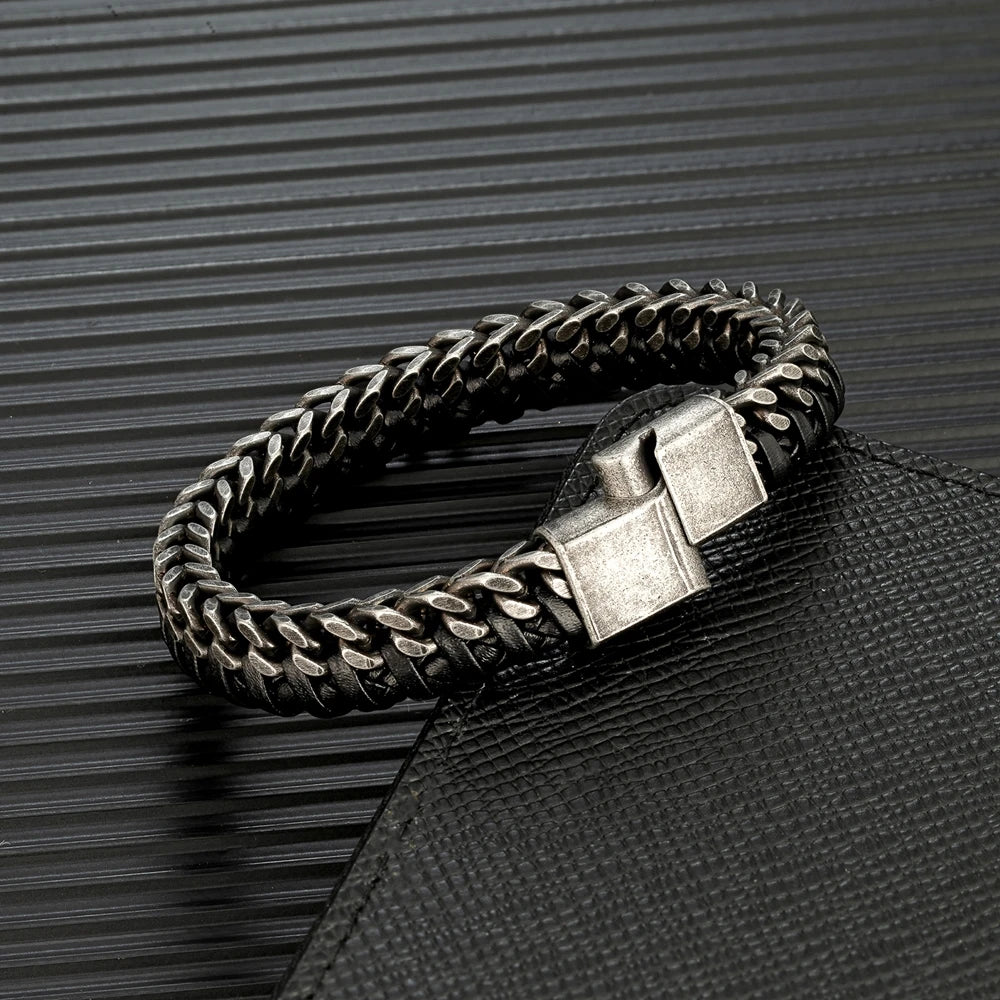 Woven Black Leather Bracelets with Stainless Steel Links