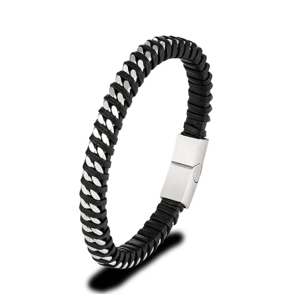 Woven Black Leather Bracelets with Stainless Steel Links